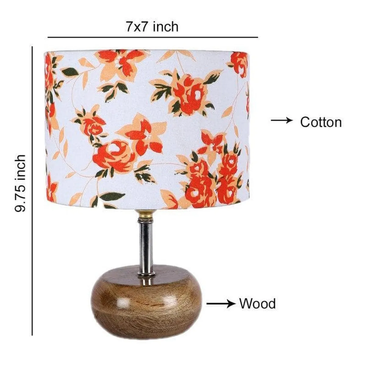 Floral table lamp with rounded wooden base on white background