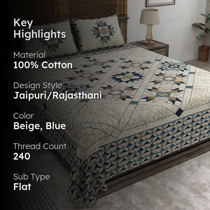 Nestar Cotton Bedsheet (Beige,Navy) - 240 TC media 2