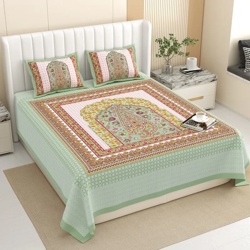 Ethnic Bloomy Cotton Bedsheet (Red,Green,White) - 120 TC media 1