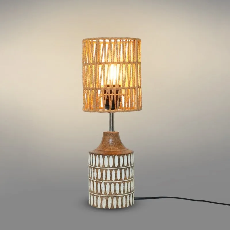 Canegrid Wooden Base Cotton Table Lamp - Beige media 4