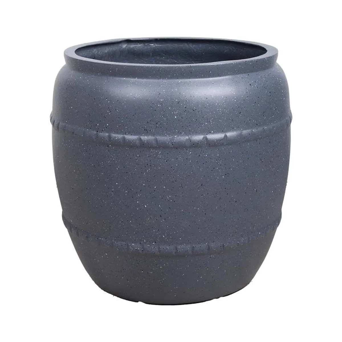 Close-up of the grey planter showing its open rim and speckled finish
