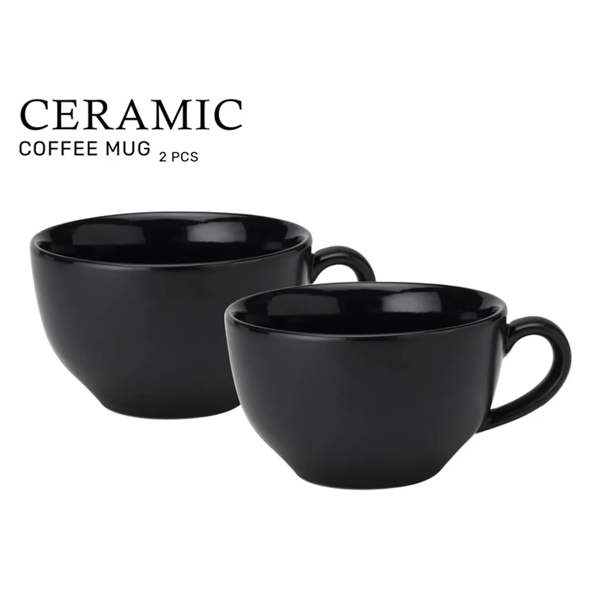 Two black ceramic coffee mugs with glossy interiors and curved handles