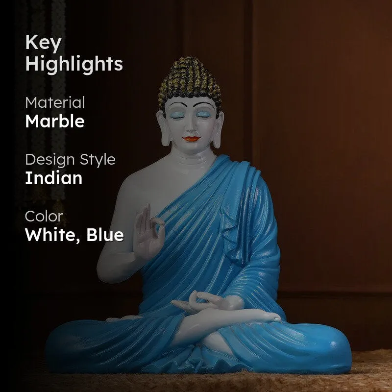 Blue and white Buddha showpiece with key highlights overlay