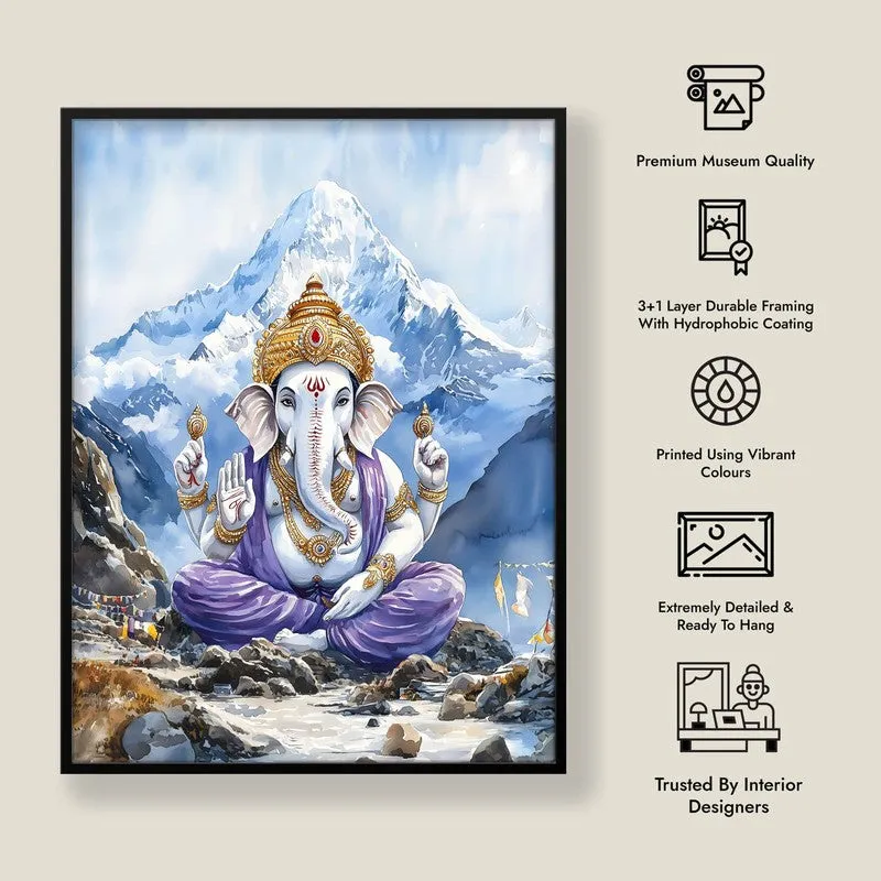 Ganapati Of The Heights Spiritual Archival Paper Wall Painting With Frame - Black media 9