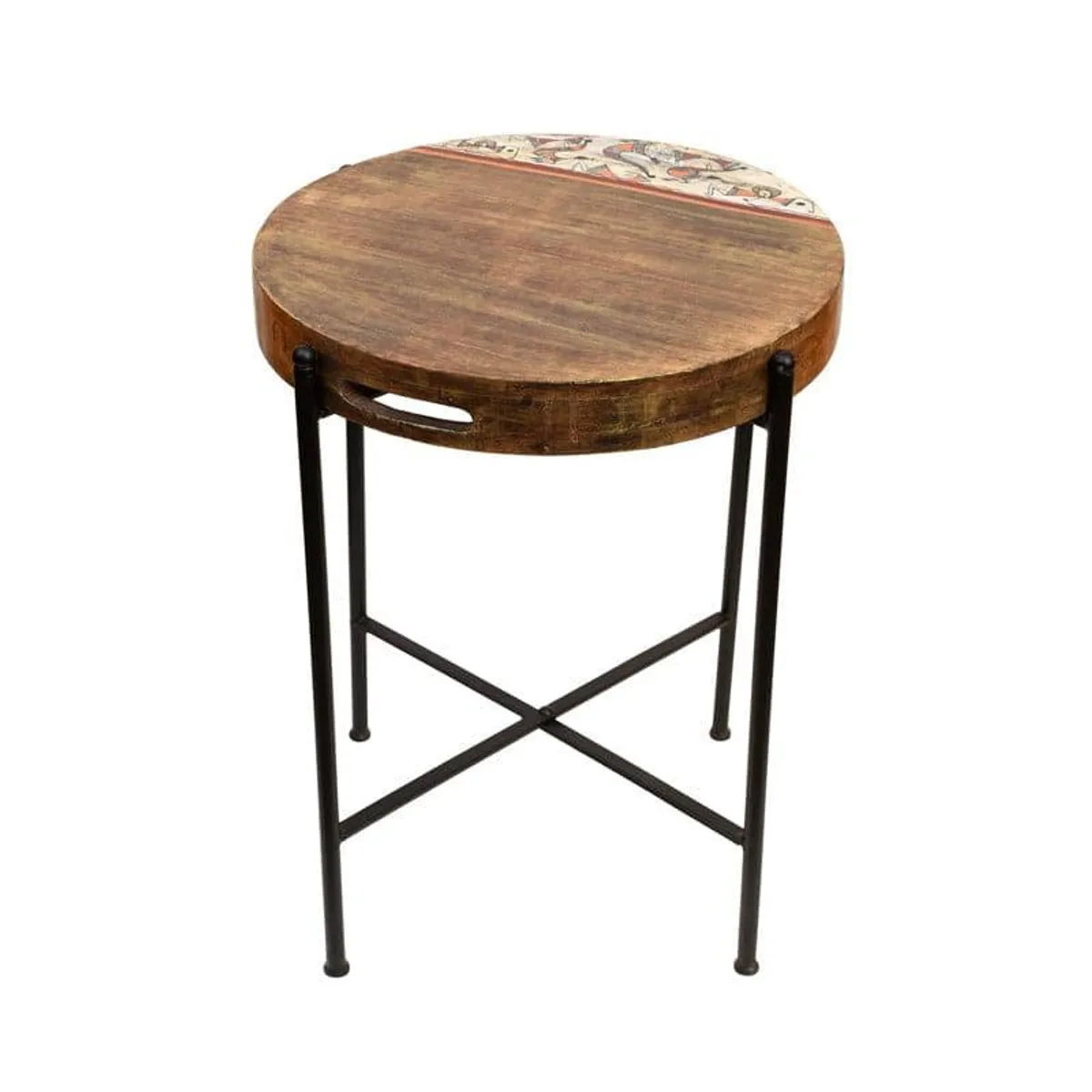 Round brown wooden platter on a black folding metal stand