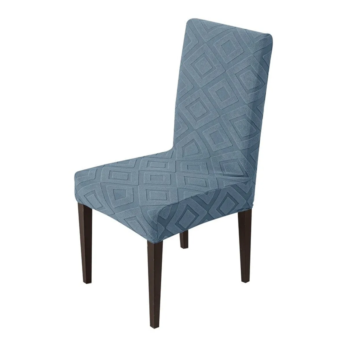 Blue chair cover on a dining chair against a plain background