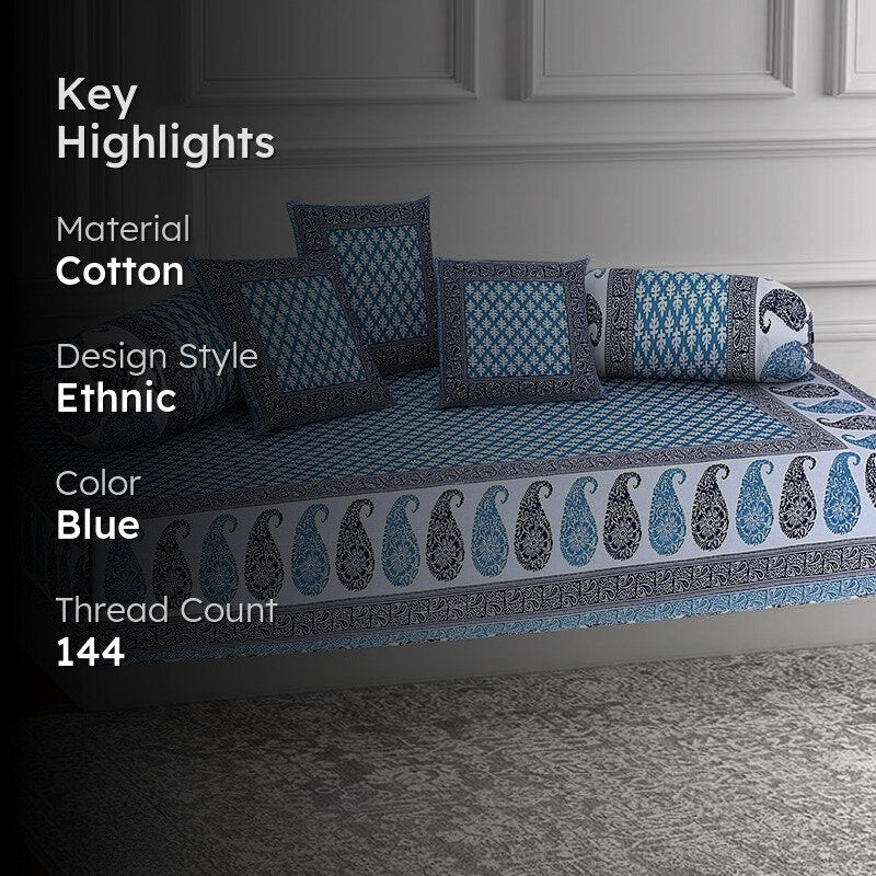 Suvarna Printed Diwan Set (Blue) - Six Piece Set media 2