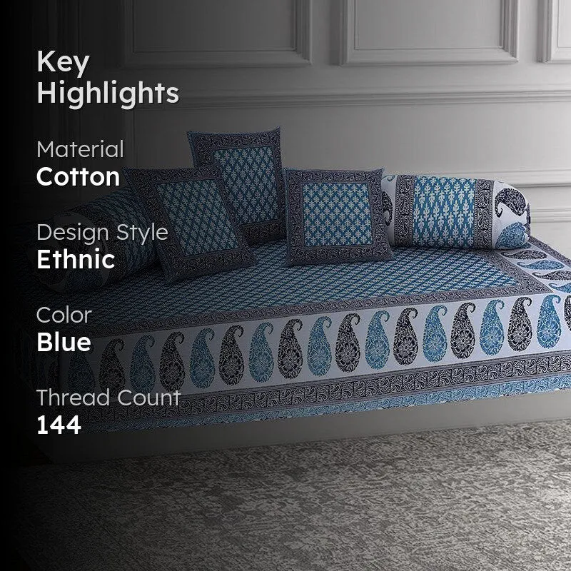 Suvarna Printed Diwan Set (Blue) - Six Piece Set media 2