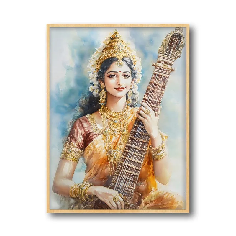 Veena Of Knowledge Spiritual Archival Paper Wall Painting - Natural Brown Frame media 5