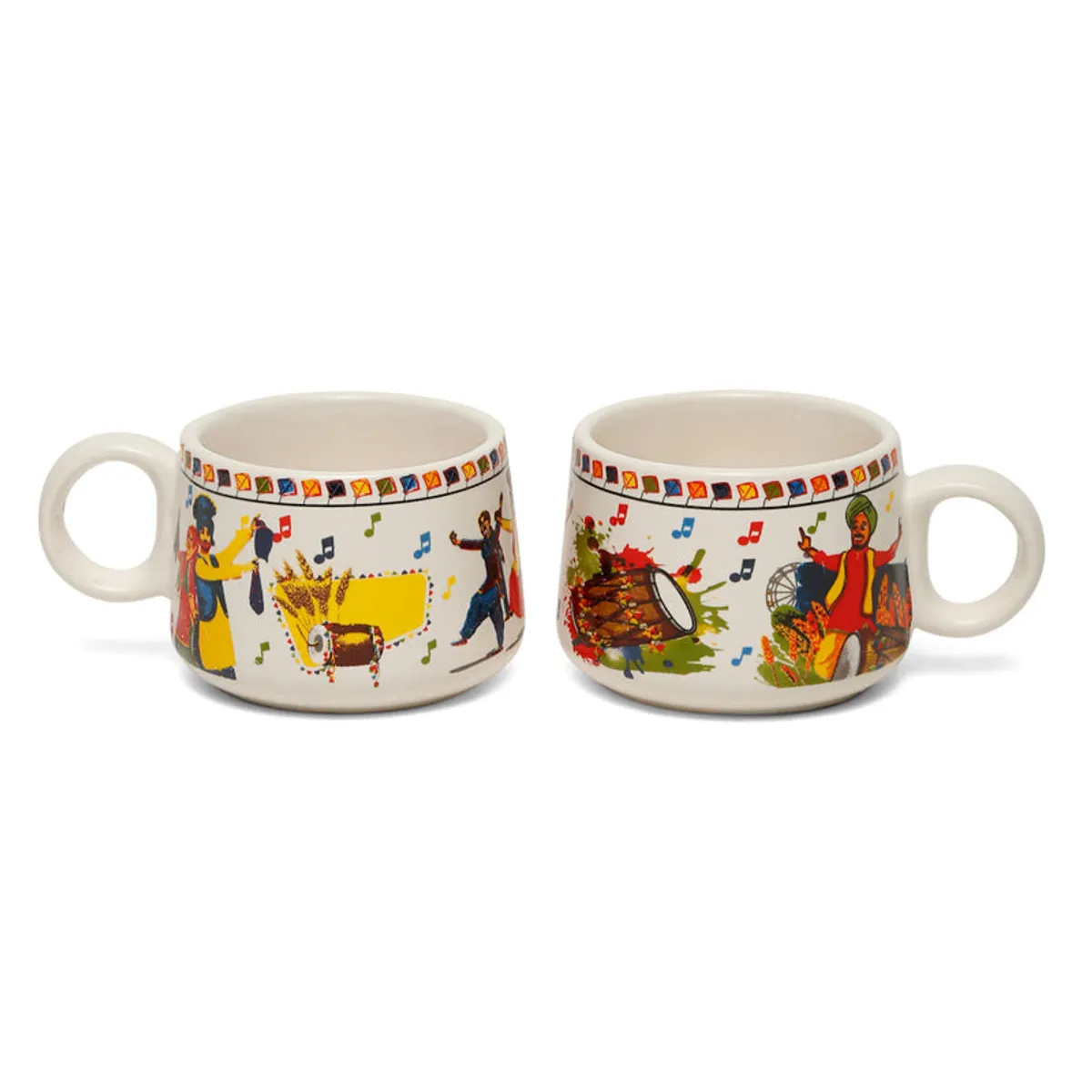 Front and back views of a cream tea cup with dancers, instruments and music notes