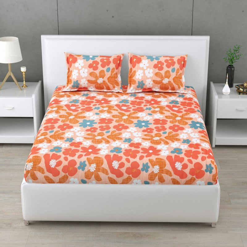 Dreama Printed Pure Cotton Bedsheet (Red,Beige) - 160 TC - King
