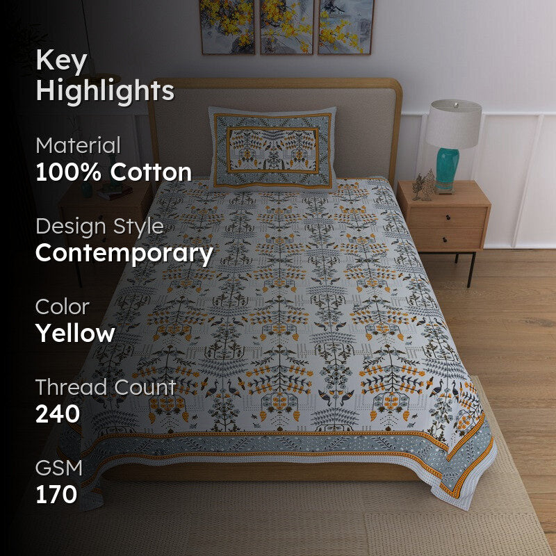 Serenza Floral Cotton Bedsheet (Blue & Yellow) - 240 TC media 2