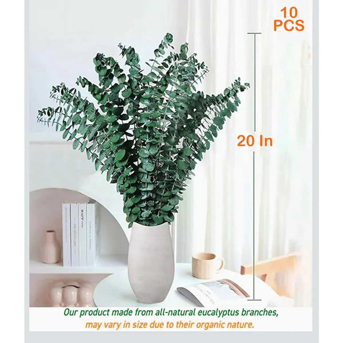 Full arrangement of green eucalyptus stems in a vase on a shelf