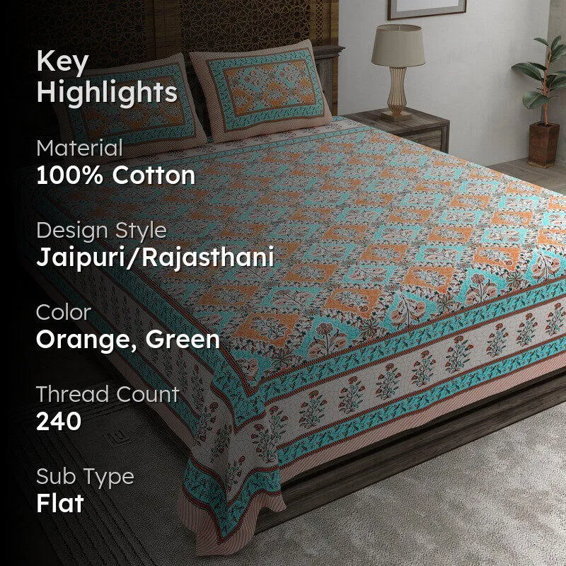 Royala Cotton Bedsheet (Orange,Green) - 240 TC media 2