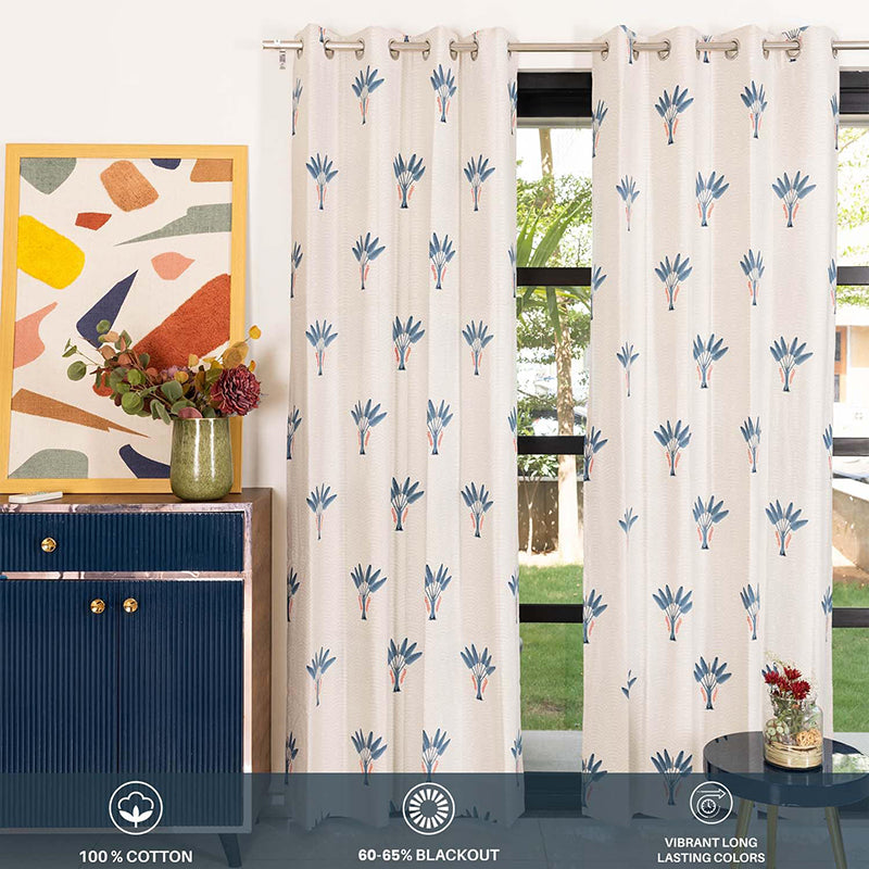 Ethnic Cotton Translucent Curtains - Set of Two, White and Blue media 3