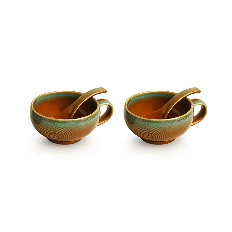 Kalika Handglazed Ceramic Soup Bowl With Spoon (Beige/320 mL) - Four Piece Set media 3