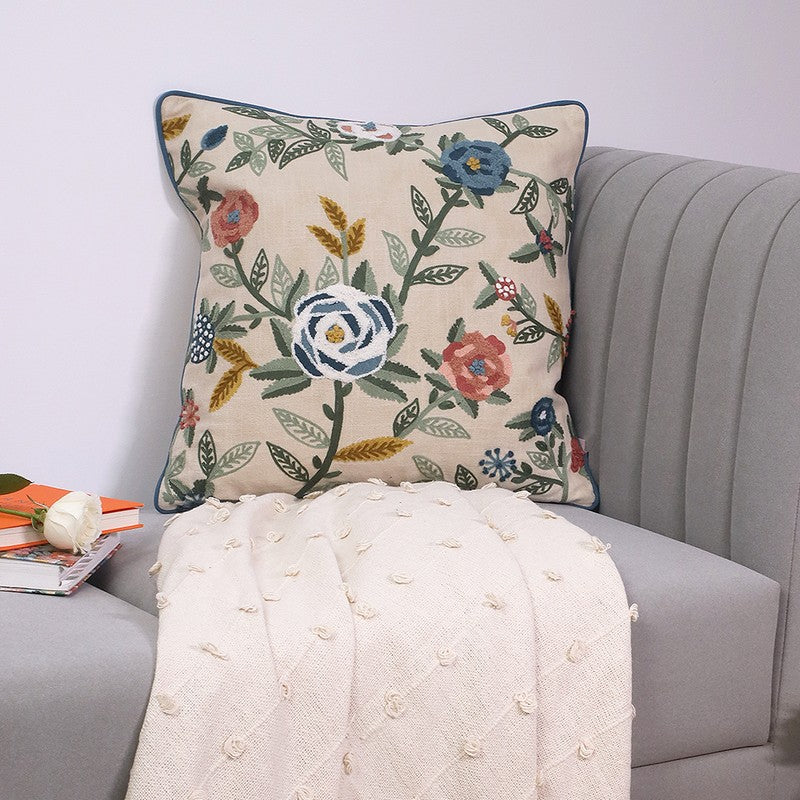 Indigo Petals Embroidered Cotton Cushion Cover