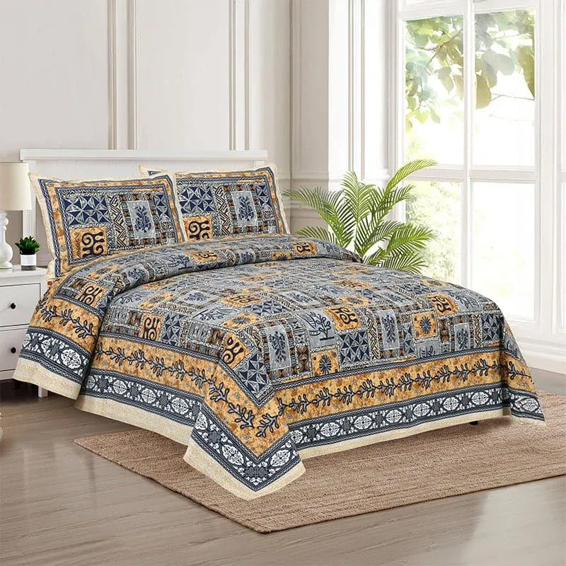 Tvisha Tribal Applique Print Cotton Bedsheet (Yellow,Grey) - 180 TC media 1