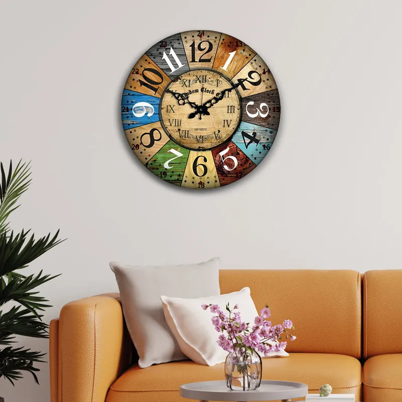 Multicolour round wall clock displayed above a contemporary sofa