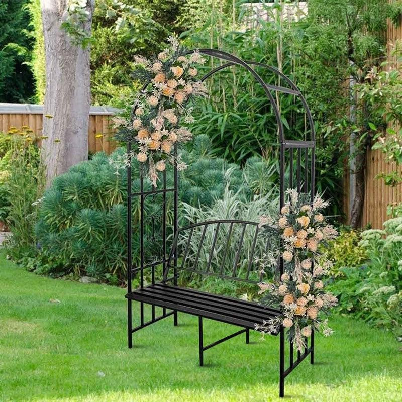 Arch Arbor Metal Outdoor Bench With Planter Stand - Black media 6