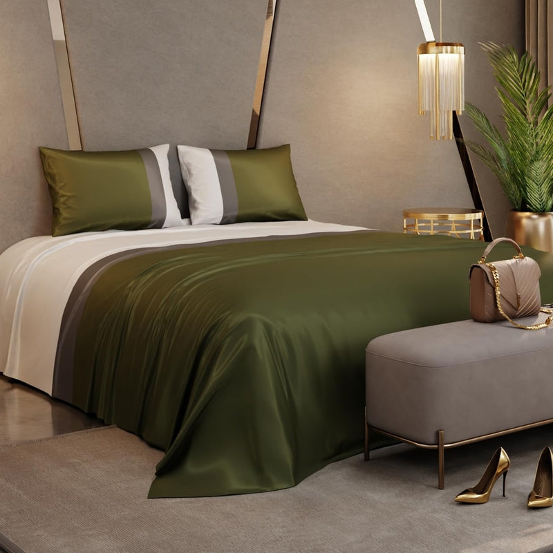 Vogue Satin Bedsheets (Green,White) - 150 GSM