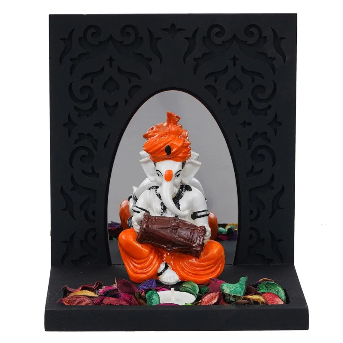 Straight view of black arched tea light holder with seated Ganesha figure