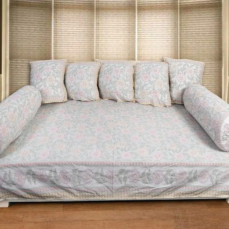 Neeraja Floral Diwan Set (Light Blue) - Eight Piece Set media 1
