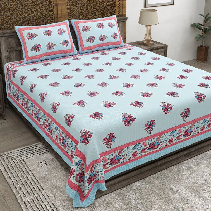 Royalra Cotton Bedsheet (Blue,Pink) - 240 TC media 1