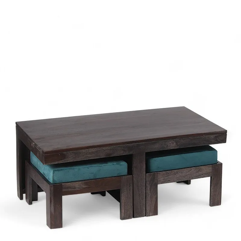 Drexon Sheesham Wooden Center Table with Stools (Deep Brown,Blue) - Five Piece Set media 5