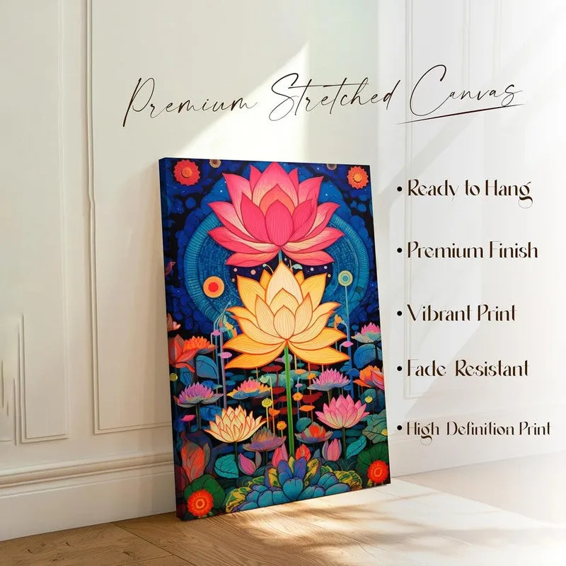 Lotus canvas artwork leaning against a wall in a bright room