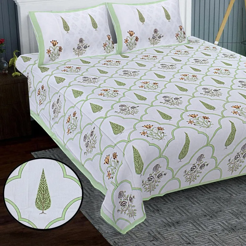 RiwaayatWhite Handblock Printed Cotton Bedsheet (Green) - 400 TC media 3
