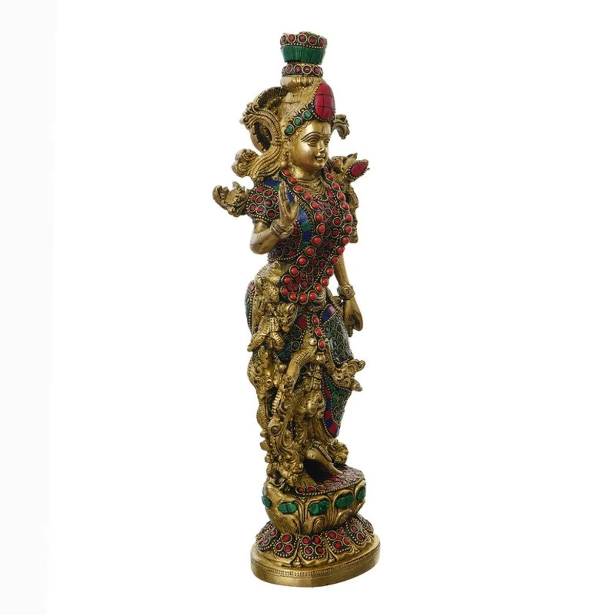 Angled view of a brass deity idol with ornate carved details