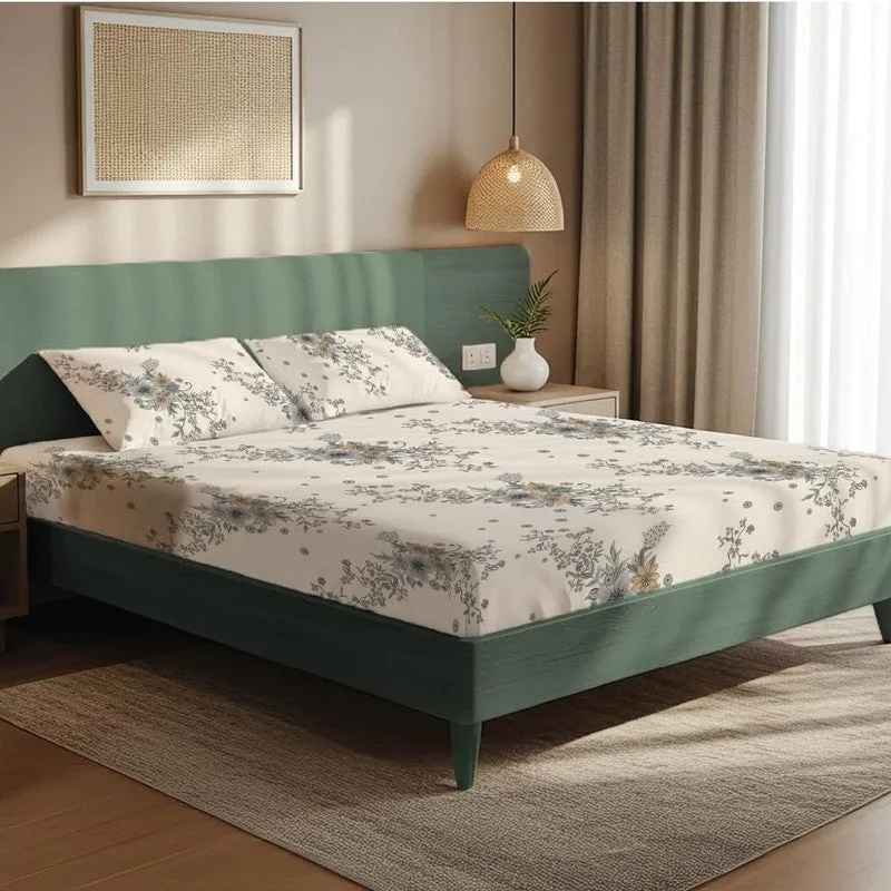 Neutral Blossom Floral Cotton Bedsheets (Beige & Grey) - 200 TC media 1