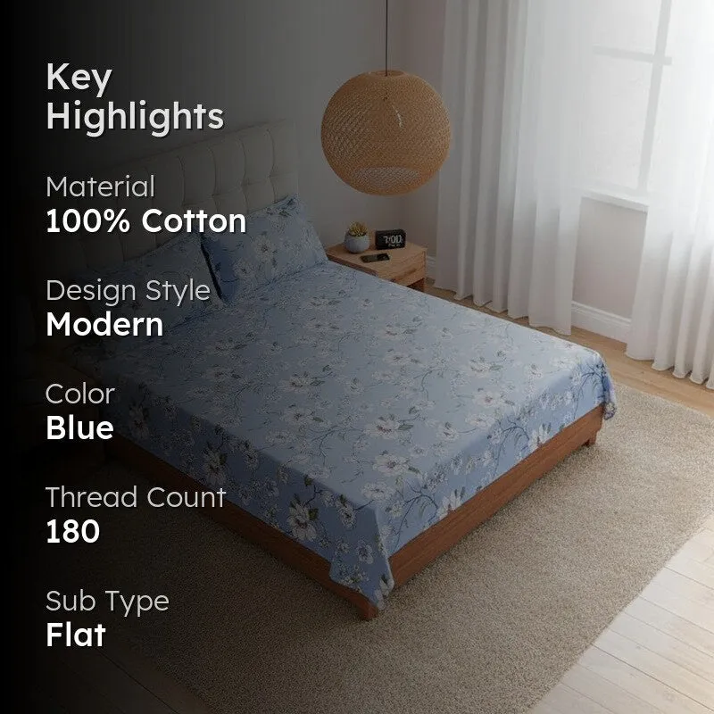 Advina Floral Bedhseet - Blue Cotton Bedsheet - 180 TC media 2