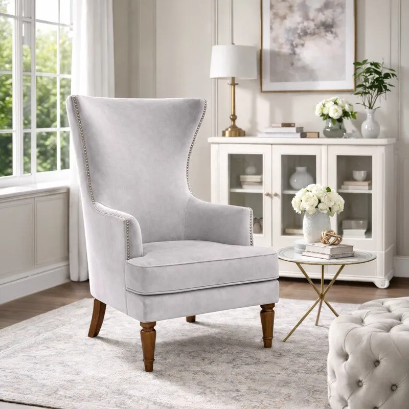 Elysian Teak Wood & Velvet Plush Lounge Chair - Grey media 1