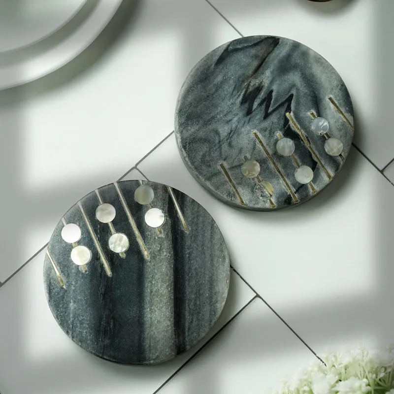 Pearl Charm Marble Coaster With Brass Inlay (Grey) - Set Of Two media 5