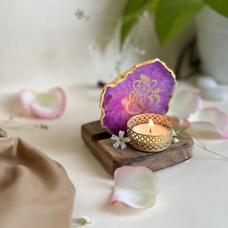 Ganesha Handcrafted Agate Religious Accent With Tealight Candle Holder - Pink media 4