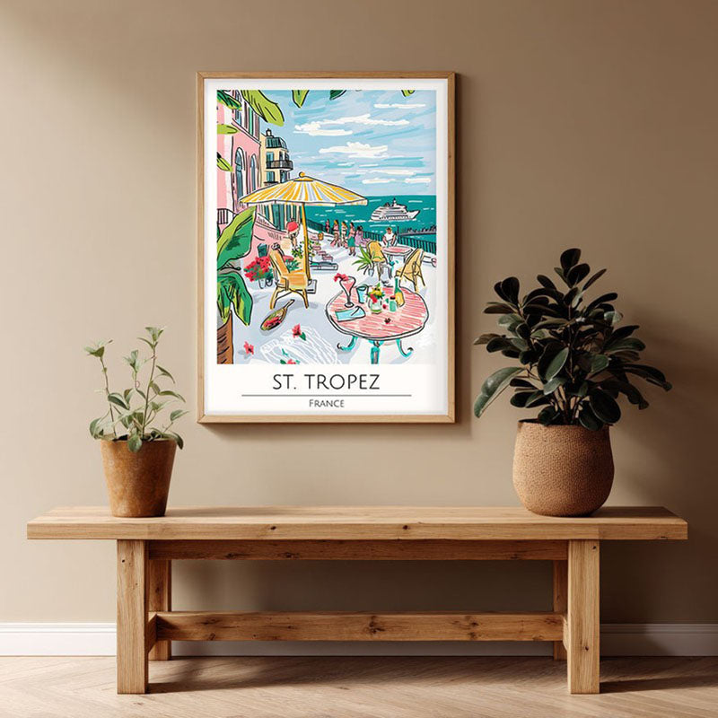 Vintage Saint - Tropez Framed Canvas Archival Canvas Wall Painting - Natural Brown Frame