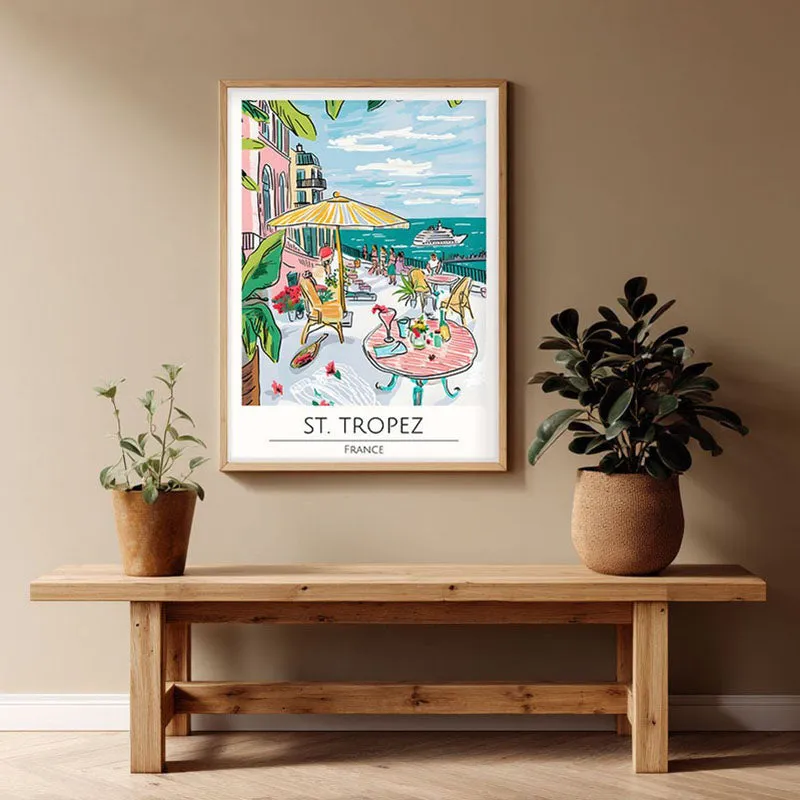 Vintage Saint - Tropez Framed Canvas Archival Canvas Wall Painting - Natural Brown Frame media 1