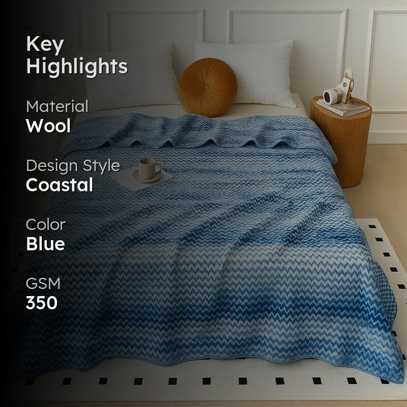 Waveora Striped Woolen Blanket (Blue) - 350 GSM media 2