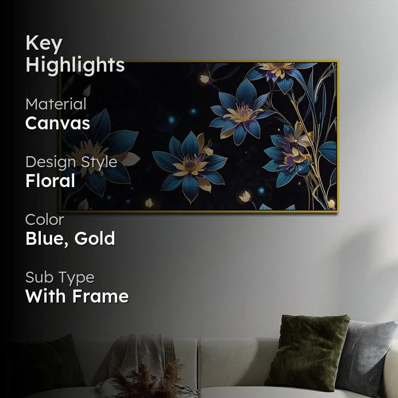 Midnight Blue Sparkle Floral Canvas Wall Painting With Frame - Gold media 2