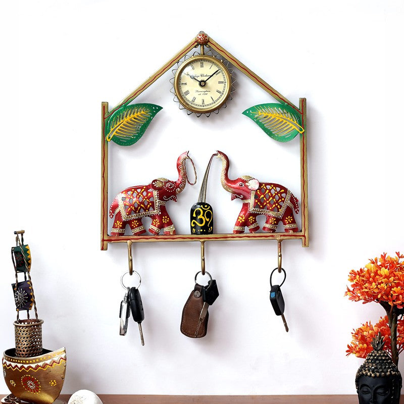 Elephant Utility Key Holder Metal Wall Clock