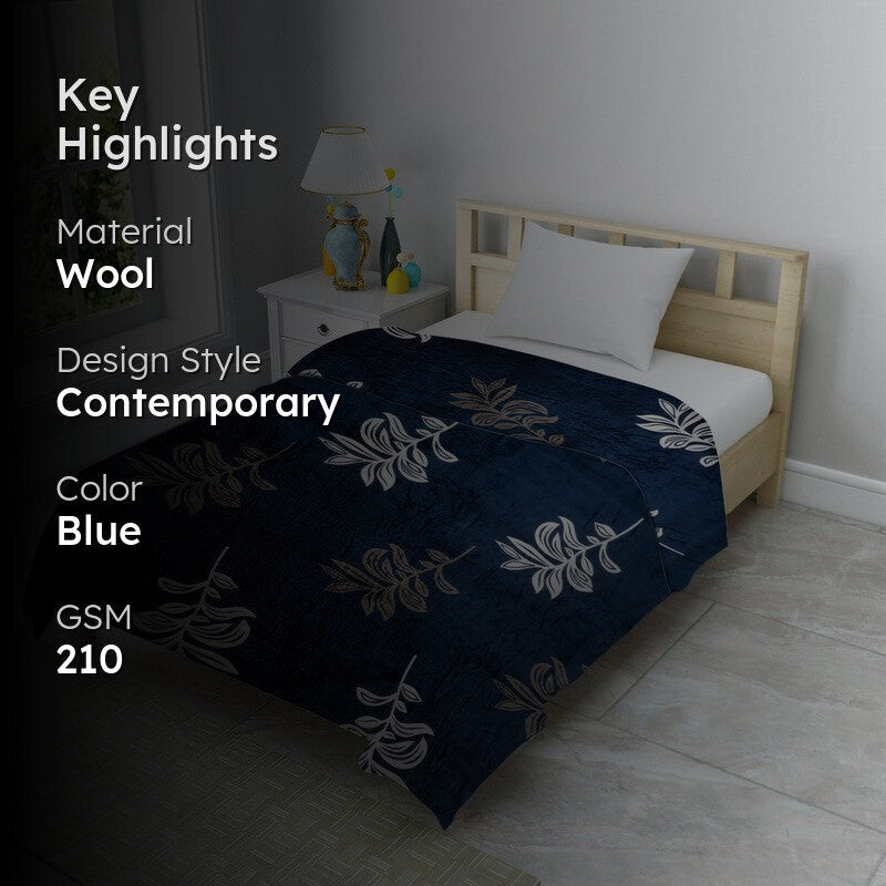 Nightbloom Floral Woolen Blanket (Blue) - 210 GSM media 2