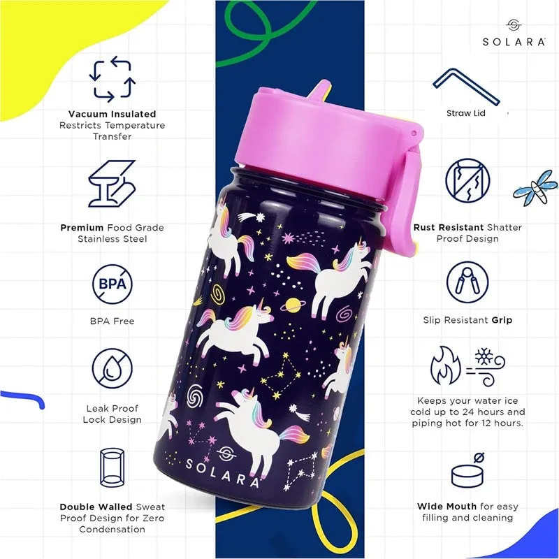 Purple insulated bottle shown with feature icons in a promotional graphic