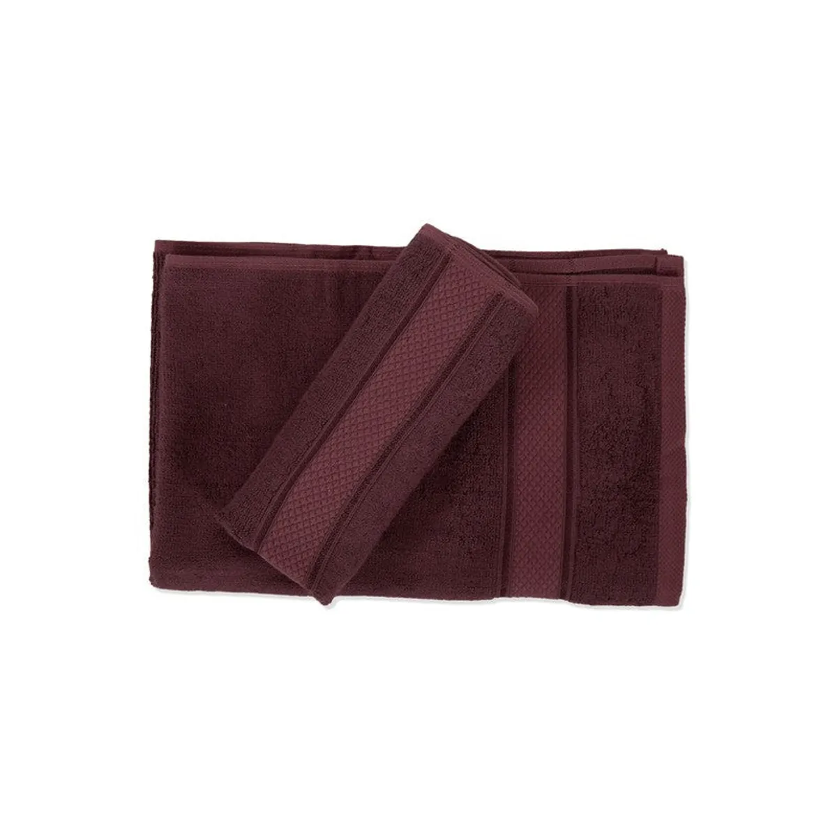Two purple hand towels arranged flat on a white background