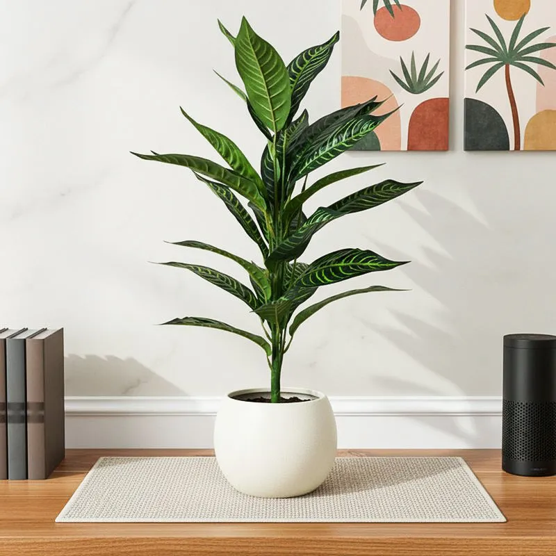 Faux Everlasting Green Iceton Croton Plant With Black Plastic Pot - 71 cm (2.3 ft) media 1