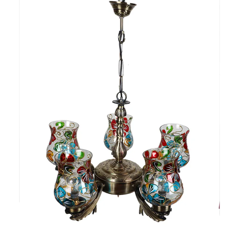 Hanging ceiling lamp with antique gold frame and multicolour floral glass shades