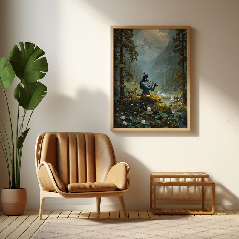 Vrindavan Bihari Lord Krishna Playing Fluit II Archival Paper Wall Art - Natural Brown Frame