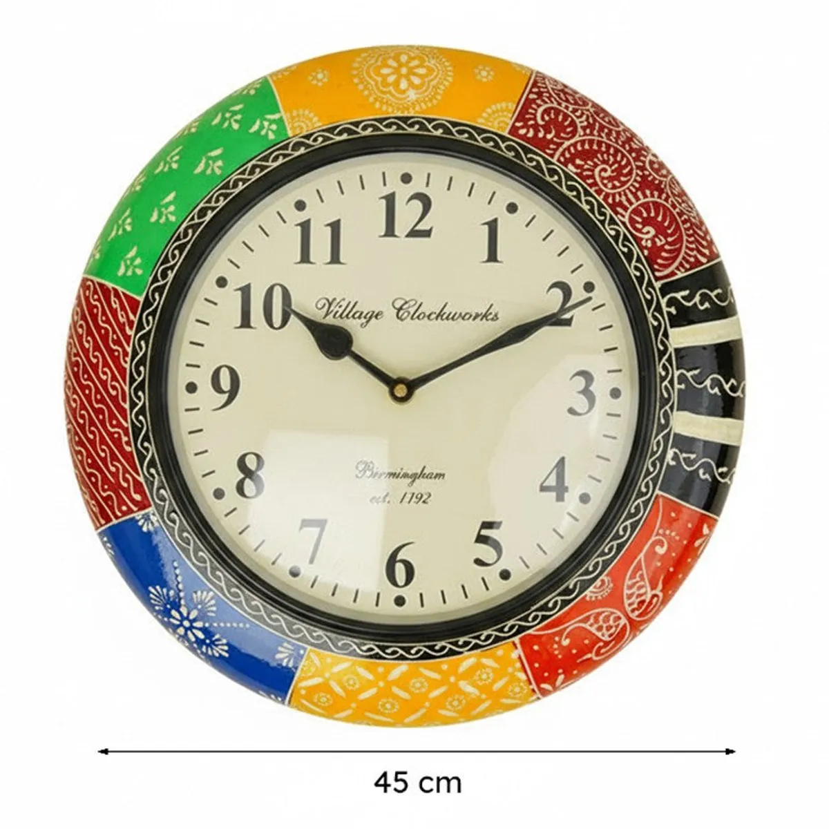 Round multicolour wall clock shown with 45 cm width measurement