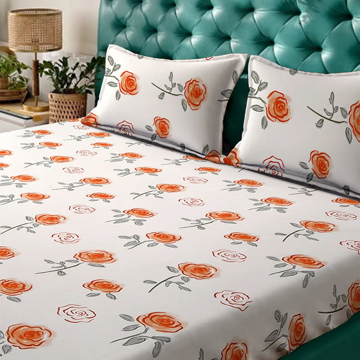 Ivory flat bedsheet featuring scattered red-orange roses and grey leaves